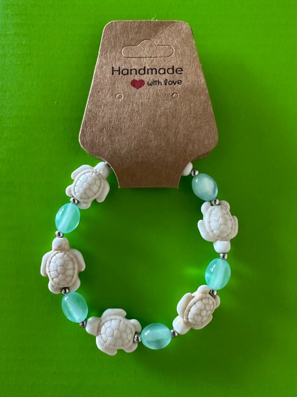 Handmade in Hawaii -Hawaiian Hono Sea turtle stretch bracelet with aquamarine